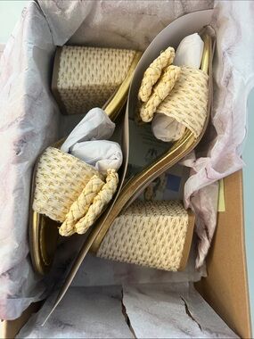 Jessica Simpson Foil Speckle Rafia Light Natural and Gold Logo Shoe Box